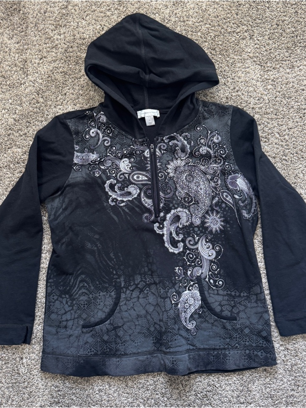 Christopher & Banks Black Hooded V-Neck Sweater with Gray Paisley Print